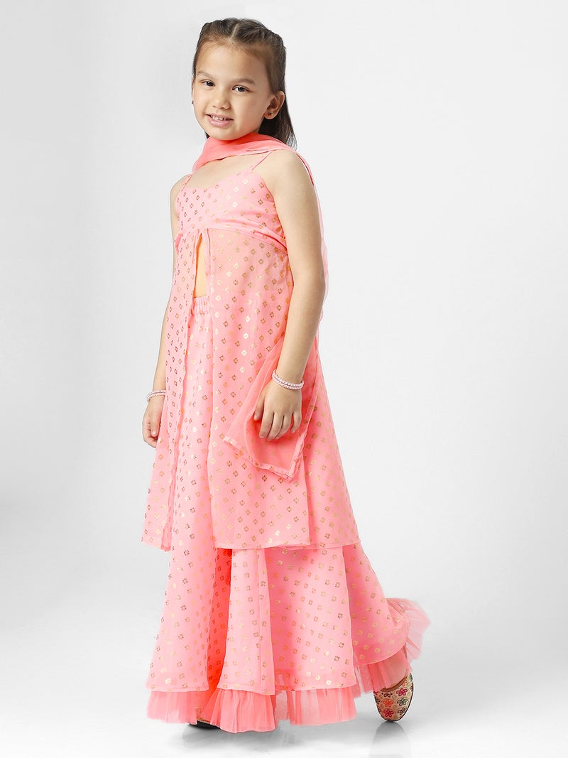 Nautinati Girls' Georgette Blend Ready-to-wear All-over Gold Toned Foil Print Lehenga & Blouse with Net Dupatta - Image 3